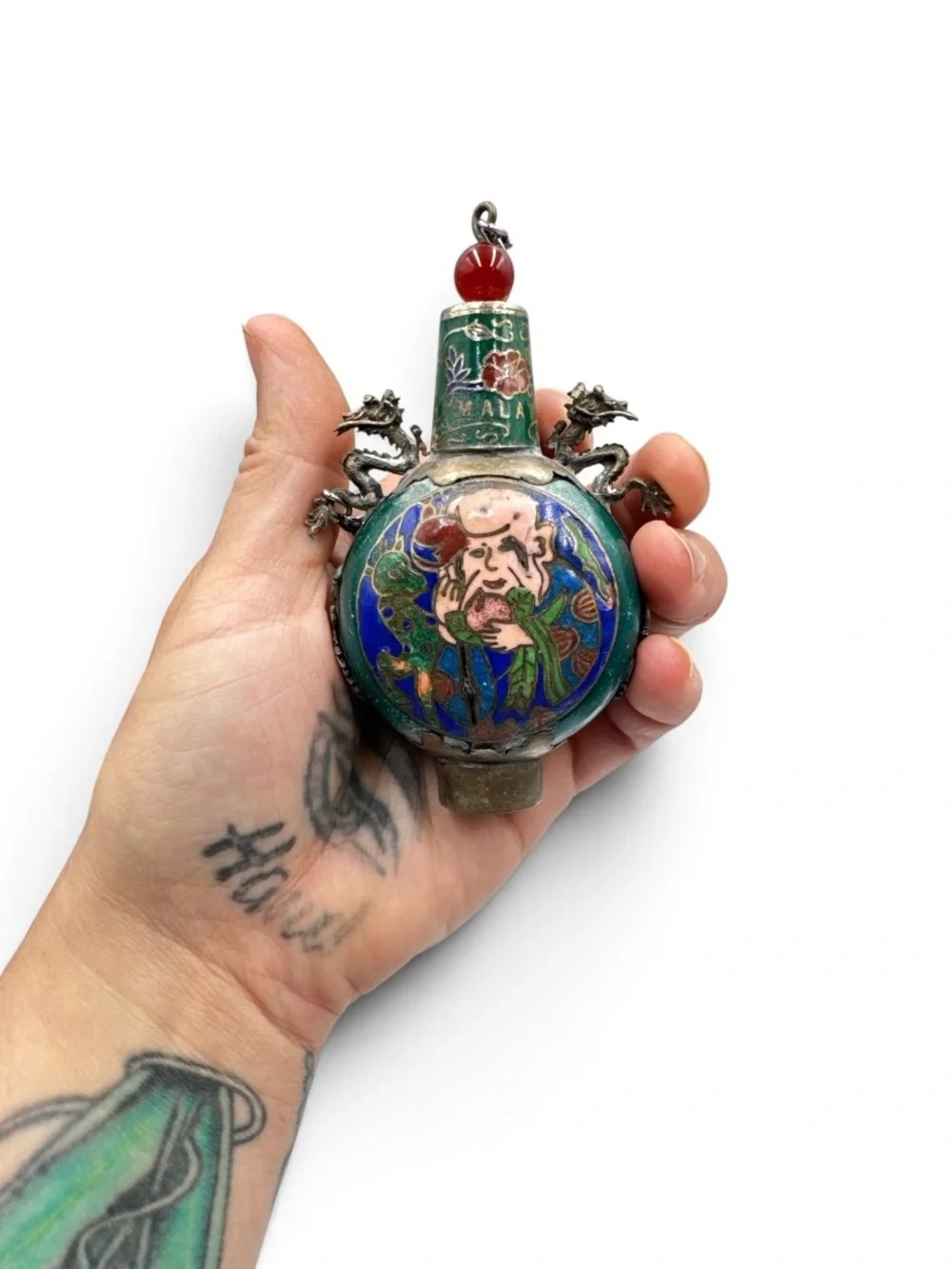 Vintage Malaysia Cloisonné Snuff Bottle Double Dragon Figural 4”